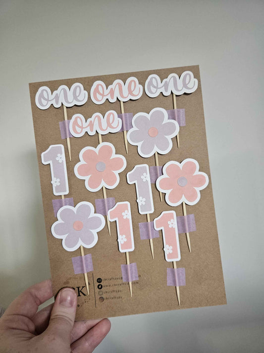 Handmade Floral 1st Birthday Cupcake Toppers: Pink & Purple Party Decor