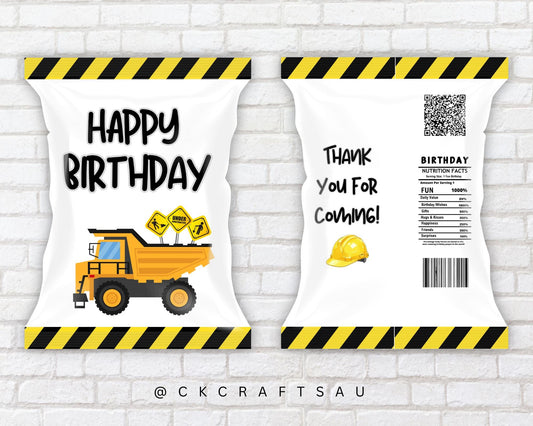 Construction Chip Bag Printable | Kids Birthday Party Digital Download