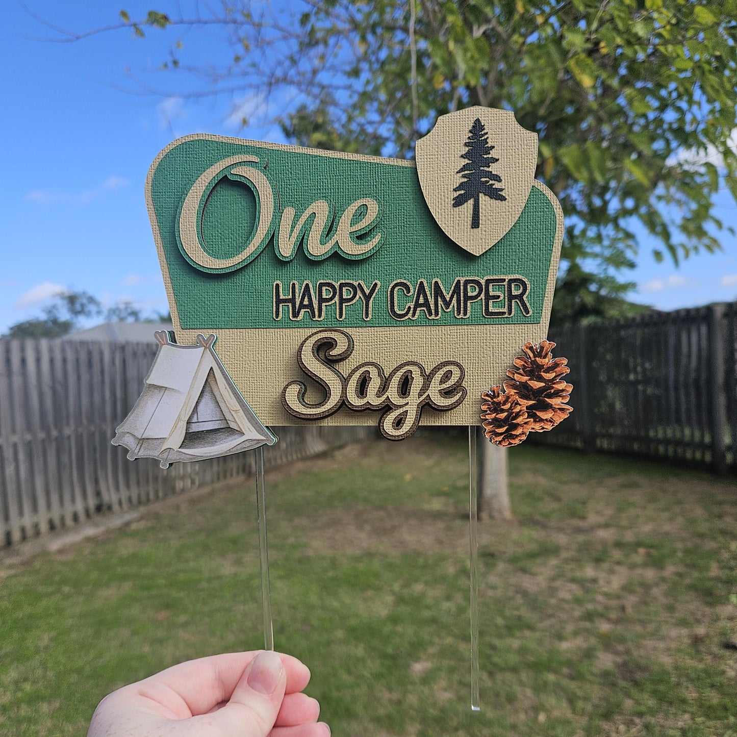 One Happy Camper Cake Topper | Camping Birthday Cake Topper | Woodland Party Decor | Custom Birthday Topper | First Birthday Cake Decor