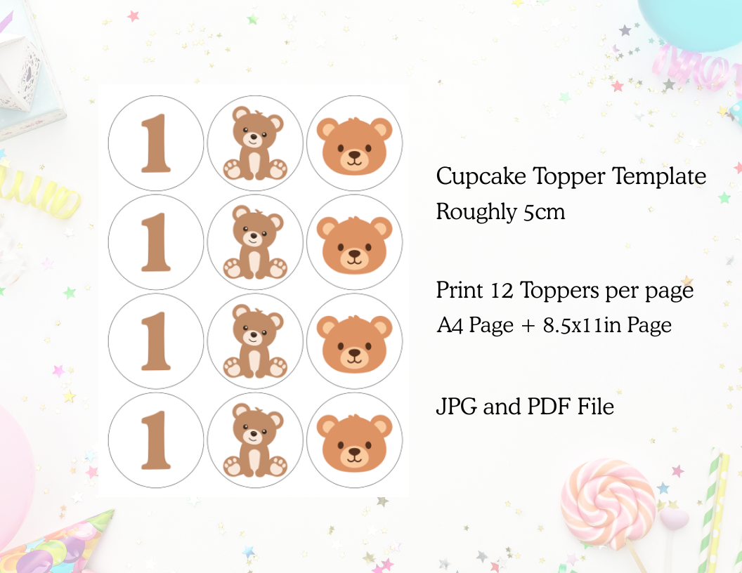 Bear Cupcake Toppers Template - Digital Download