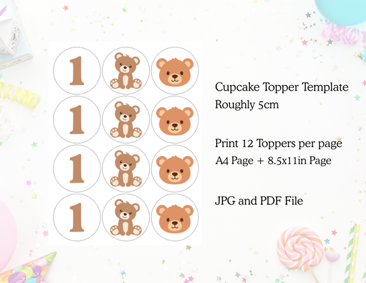 Bear Cupcake Toppers Template - Digital Download