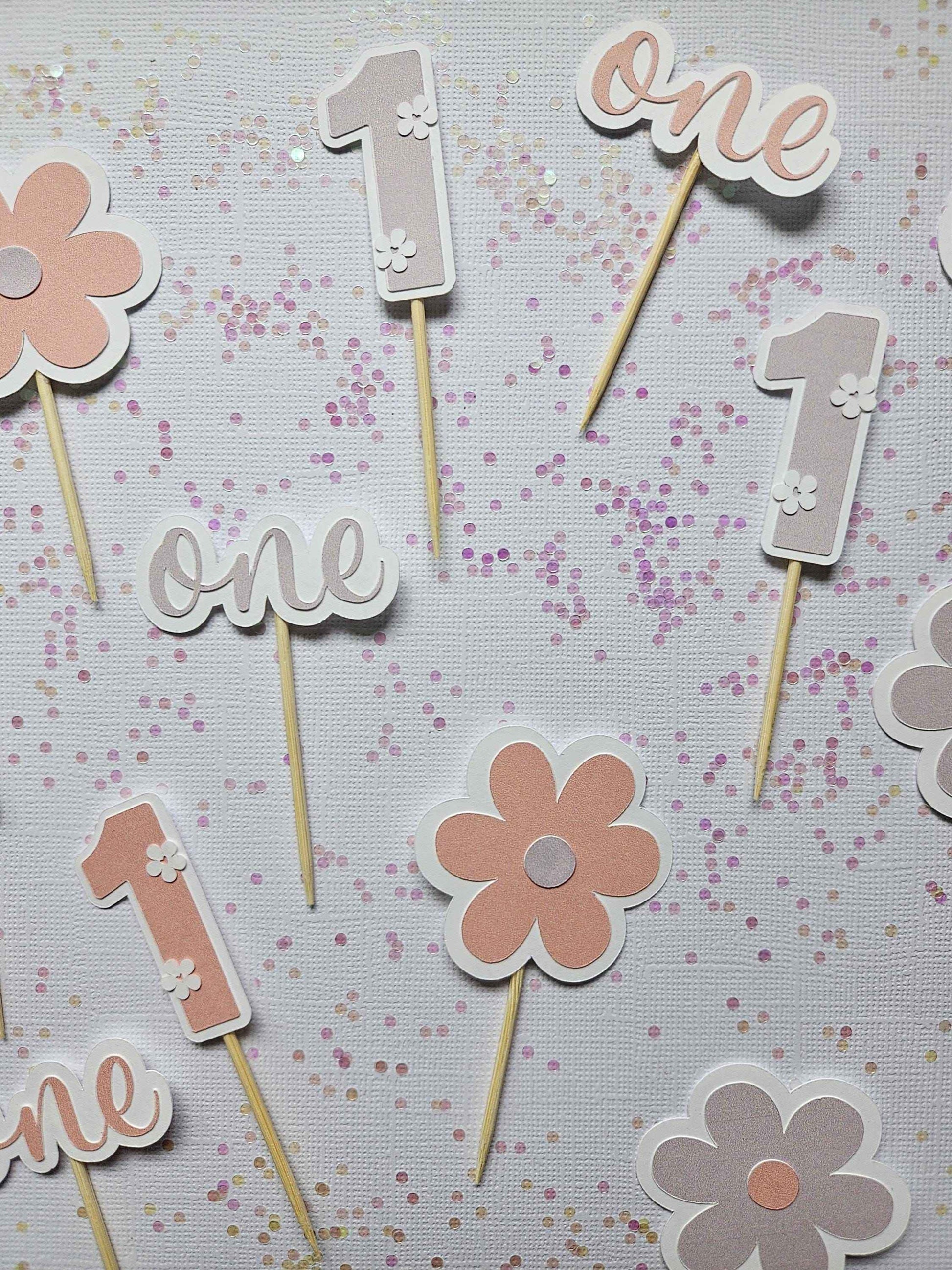 Handmade Floral 1st Birthday Cupcake Toppers: Pink & Purple Party Decor
