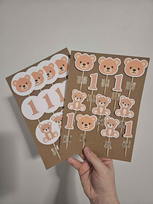 Handmade Bear Cupcake Toppers | Woodland Animal Party Decorations | Teddy Bear Birthday & Baby Shower Cake Picks | Kids Party Supplies