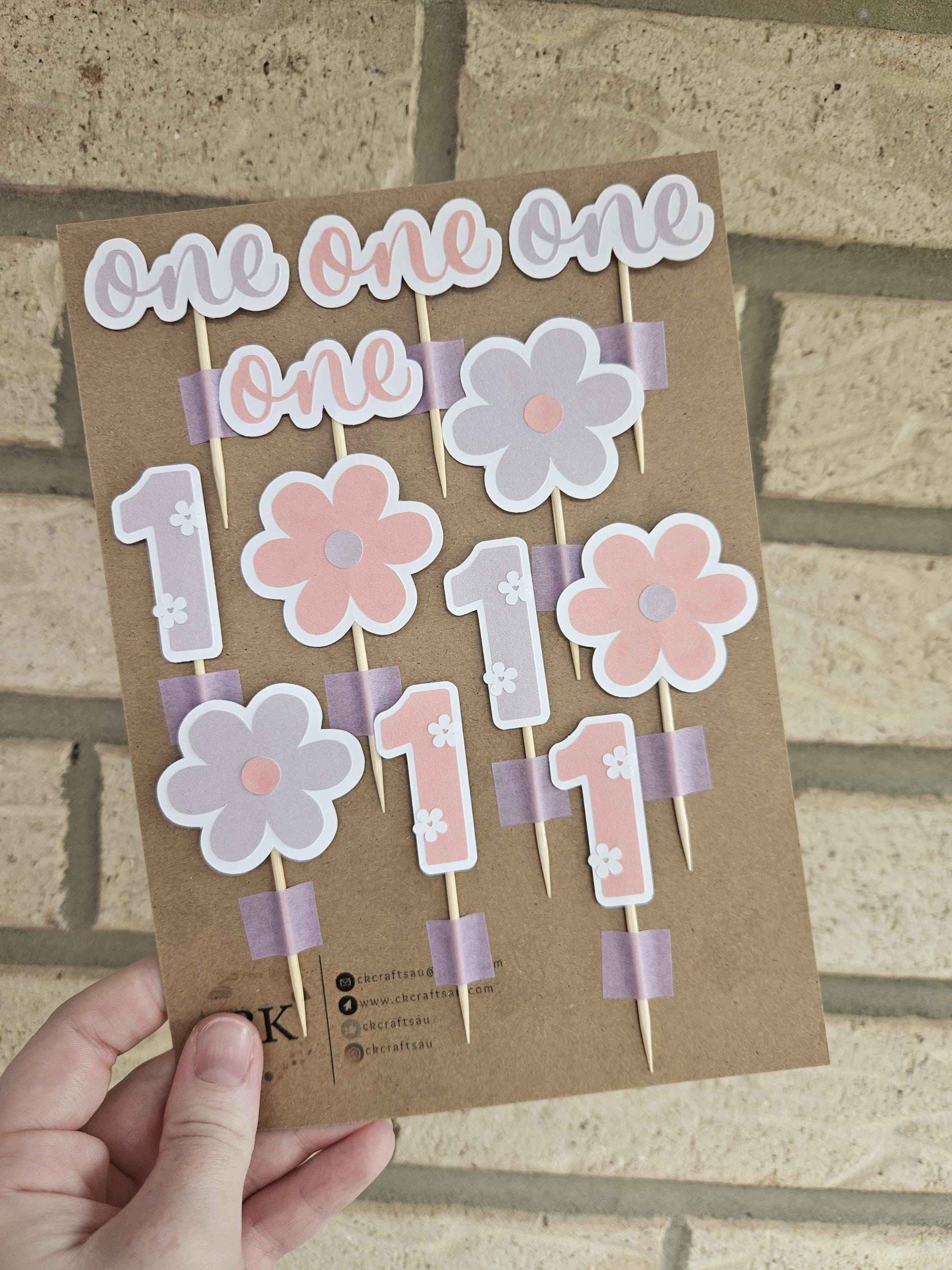 Handmade Floral 1st Birthday Cupcake Toppers: Pink & Purple Party Decor