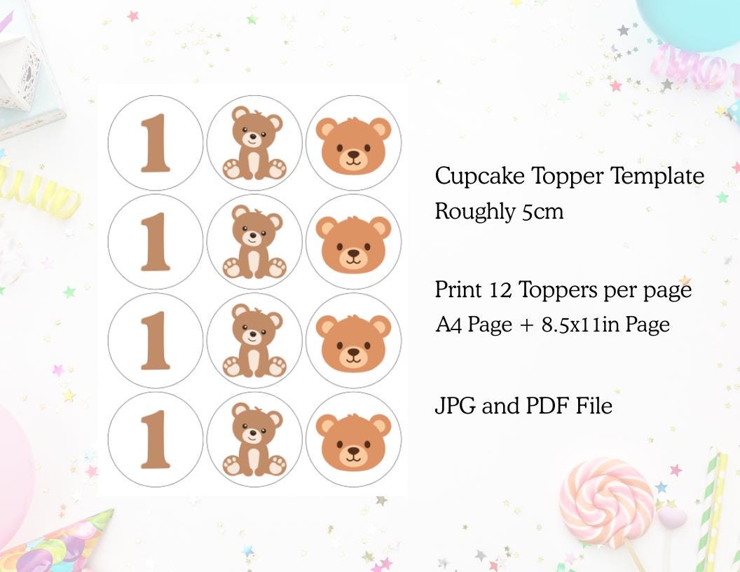 Bear Printable Cupcake Toppers | Digital Download for Birthday Party
