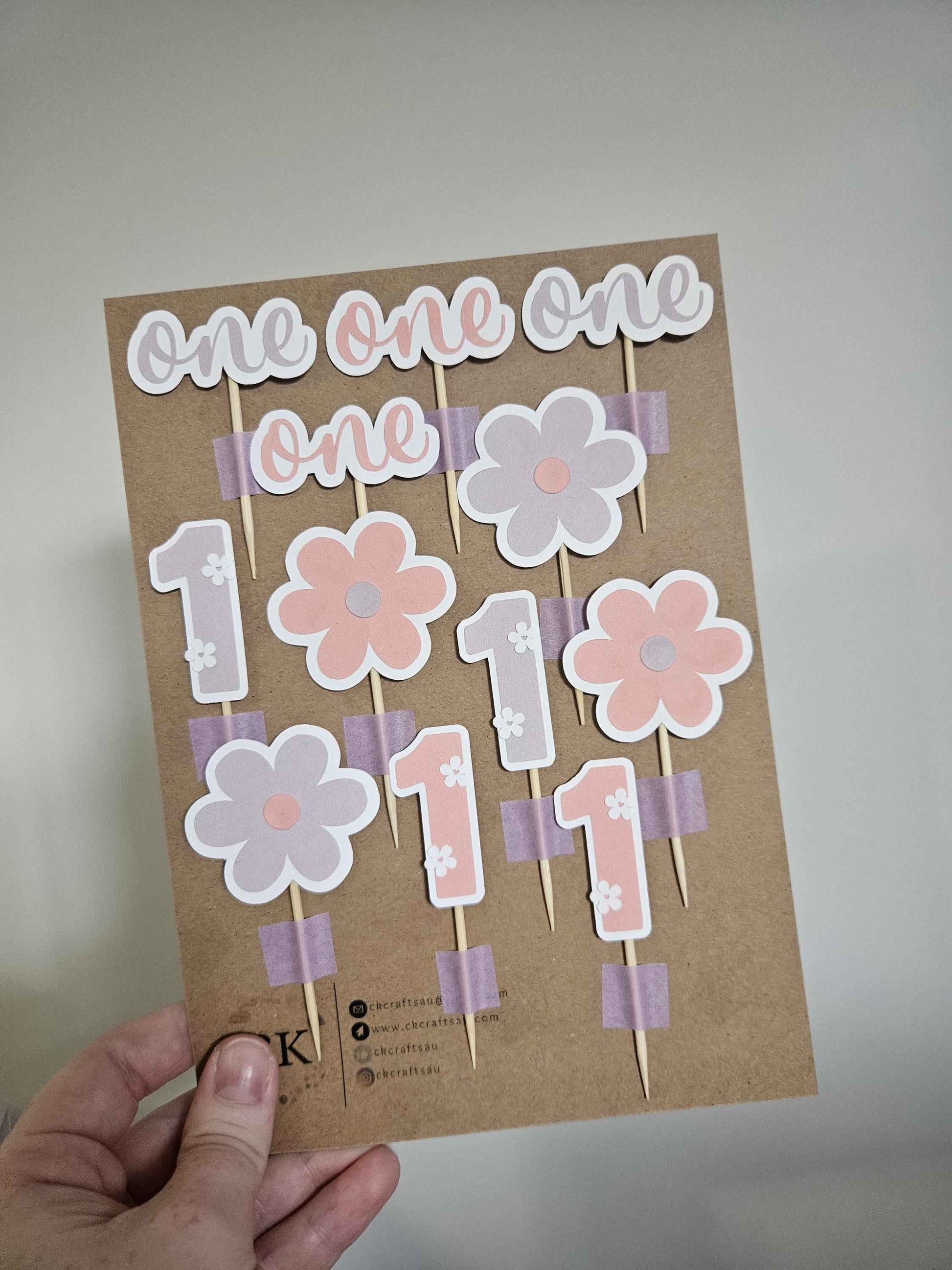 Handmade Floral 1st Birthday Cupcake Toppers: Pink & Purple Party Decor