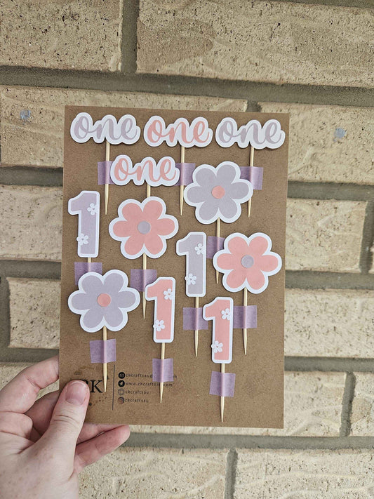 Handmade Floral 1st Birthday Cupcake Toppers: Pink & Purple Party Decor