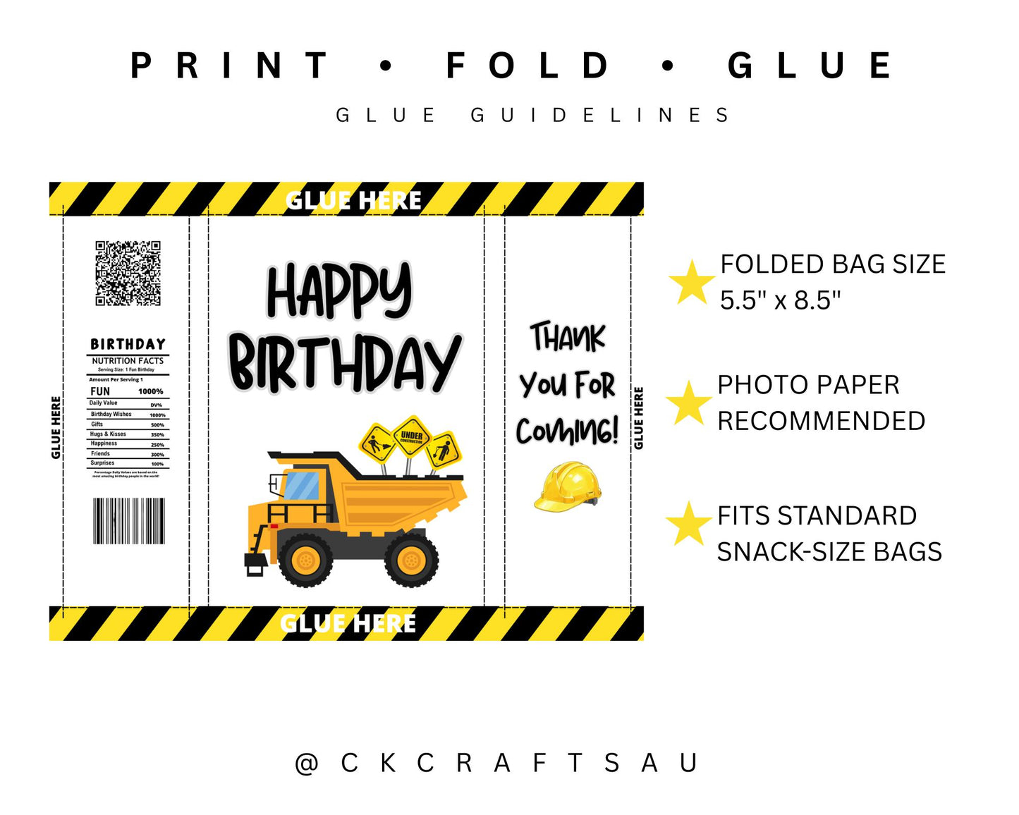 Construction Chip Bag Printable | Kids Birthday Party Digital Download