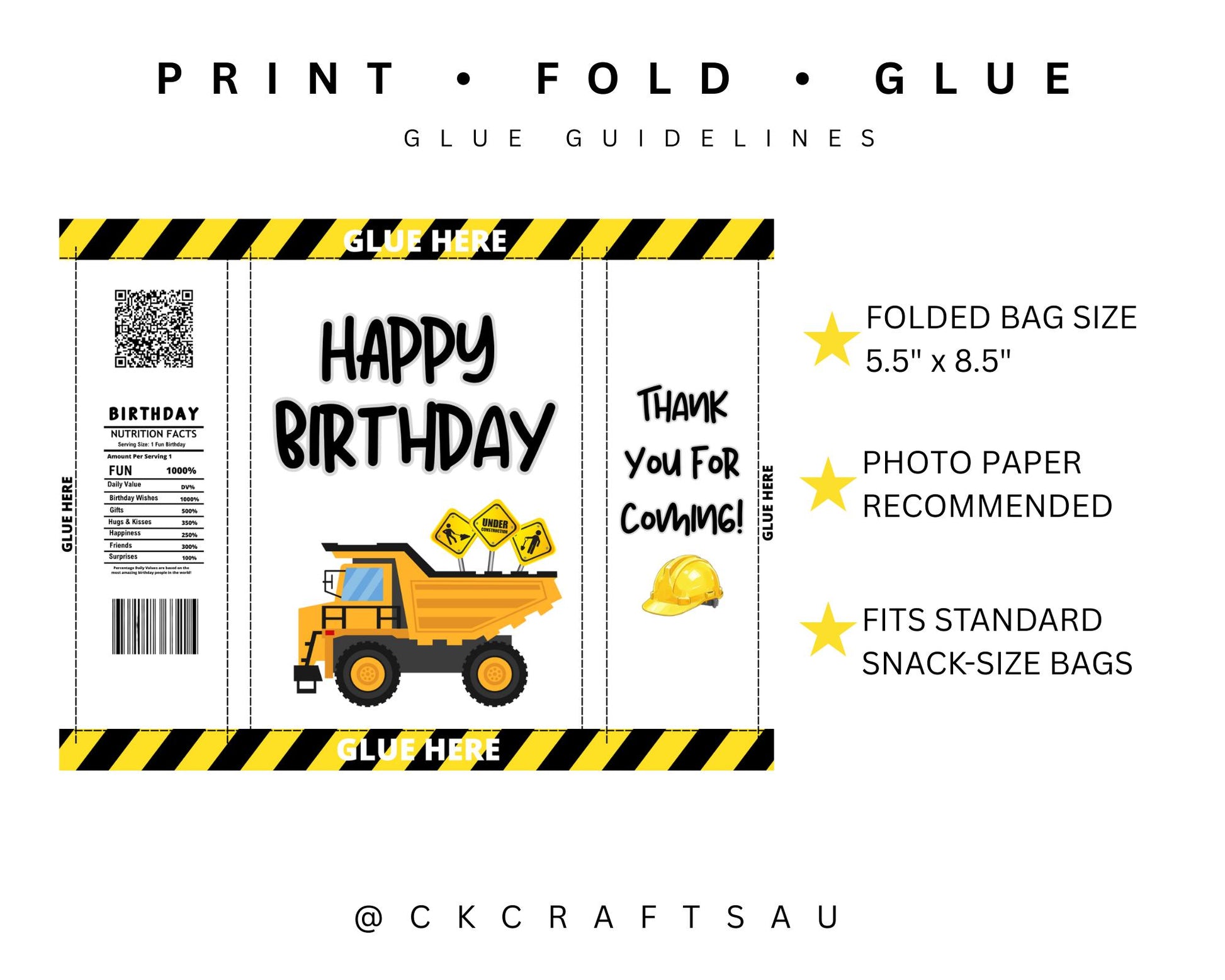 Construction Chip Bag Printable | Kids Birthday Party Digital Download