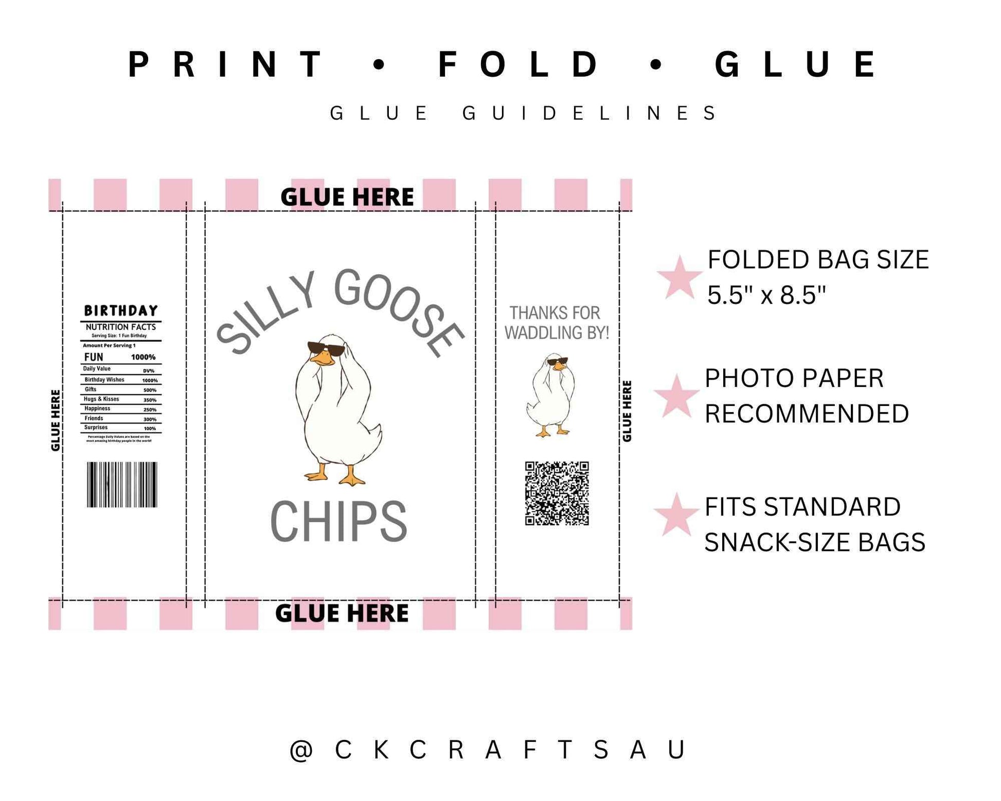 One Silly Goose Chip Bag Digital Download - Kids Party Favours - PINK