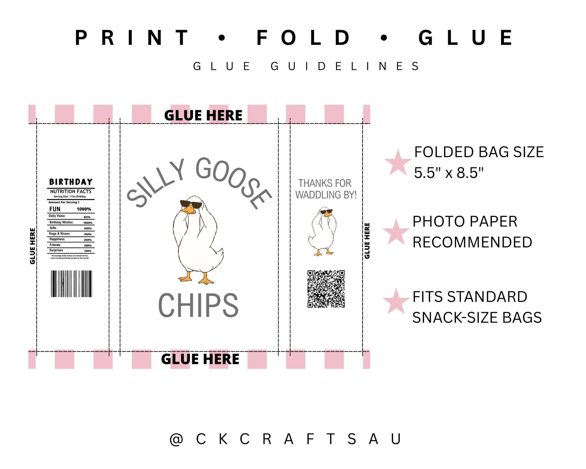 One Silly Goose Chip Bag Printable | Kids Party Favour Digital Download PINK