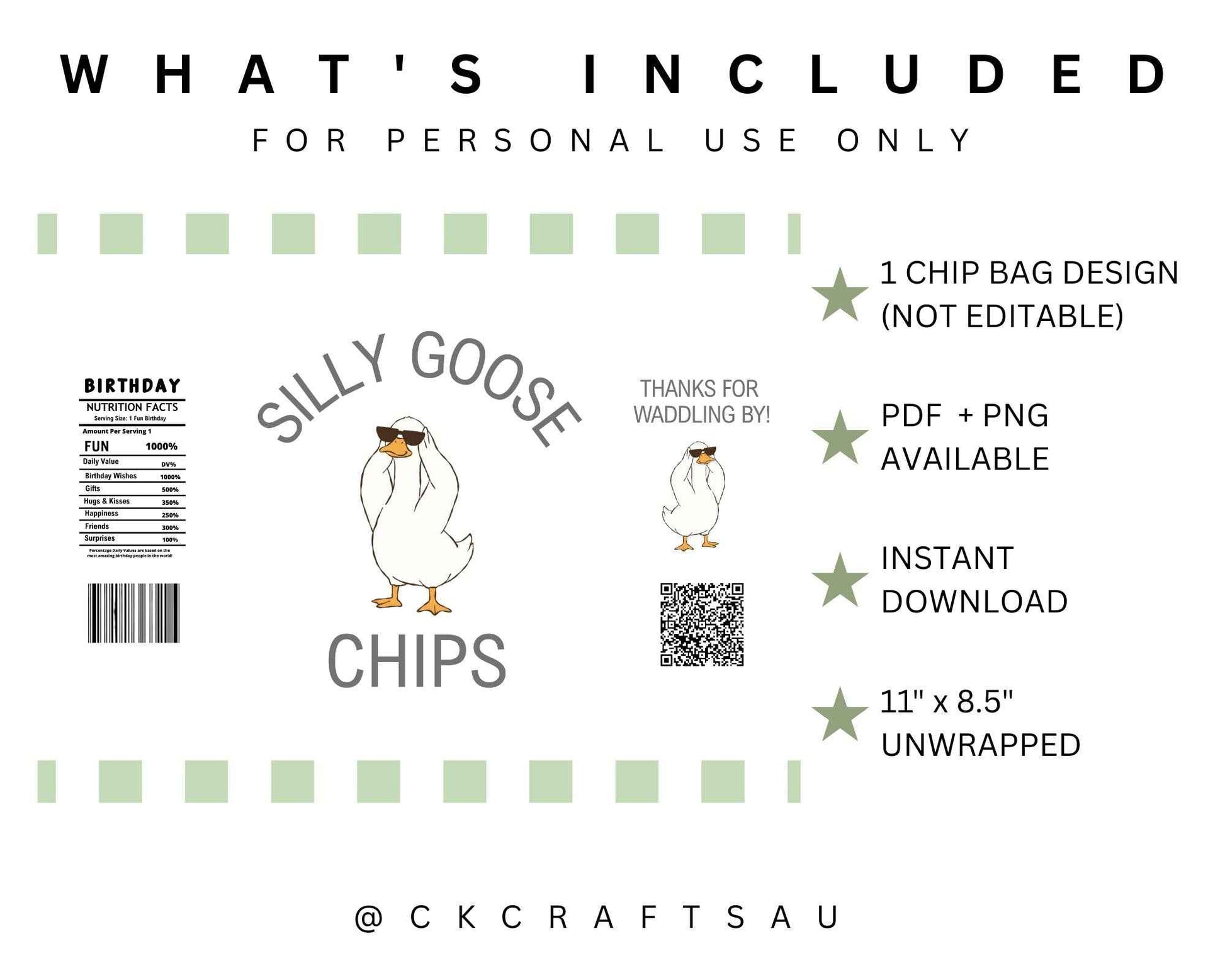 One Silly Goose Chip Bag Digital Download - Kids Party Favours - GREEN