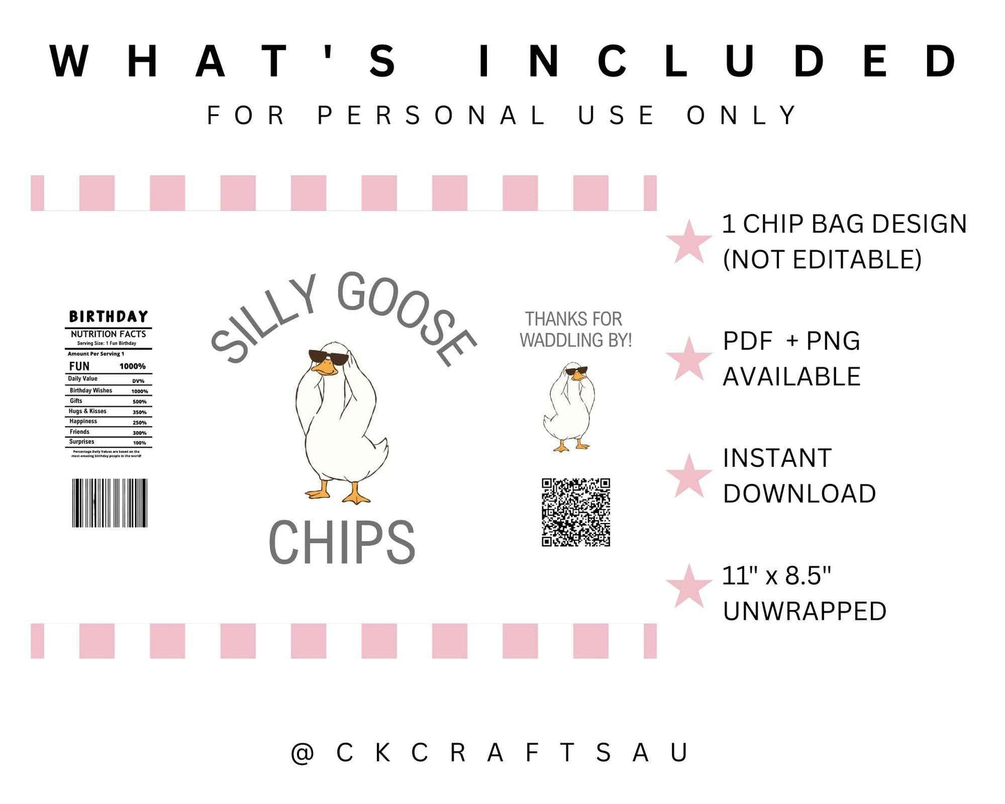 One Silly Goose Chip Bag Digital Download - Kids Party Favours - PINK