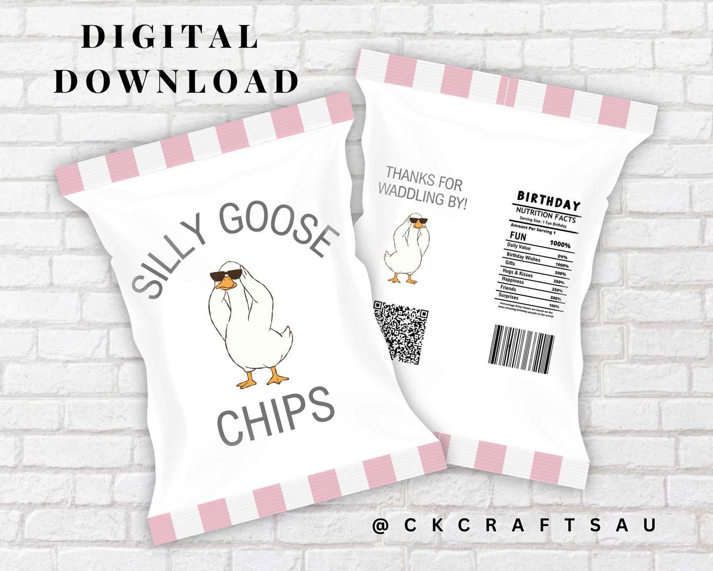 One Silly Goose Chip Bag Digital Download - Kids Party Favours - PINK