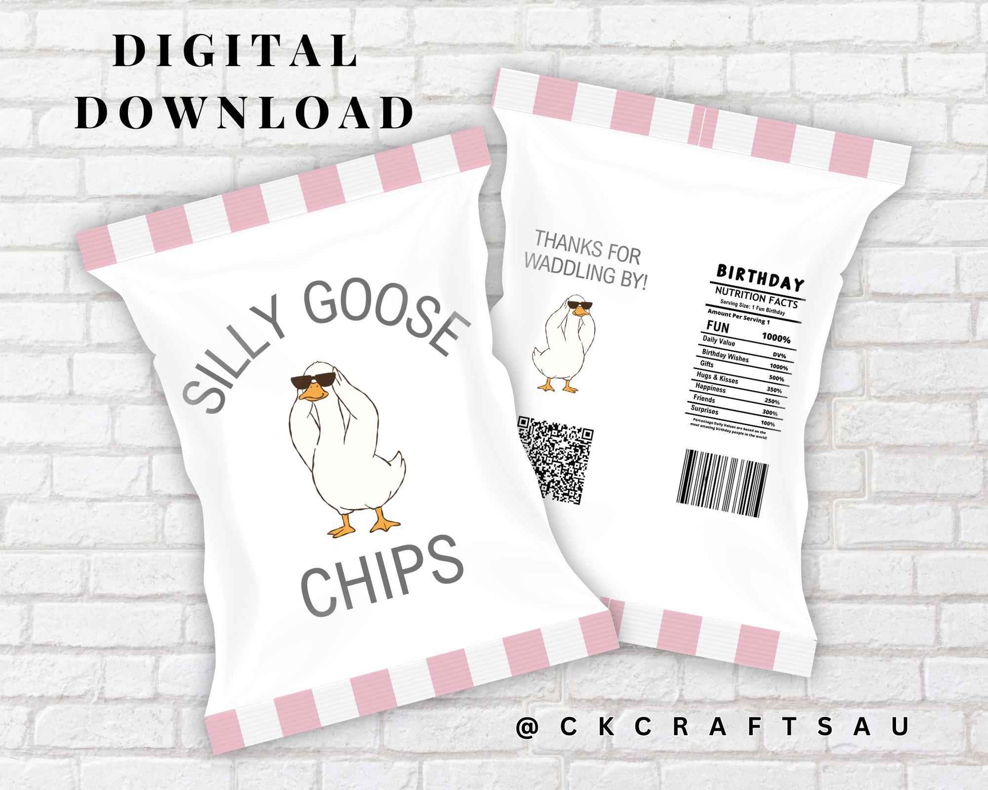 One Silly Goose Chip Bag Digital Download - Kids Party Favours - PINK