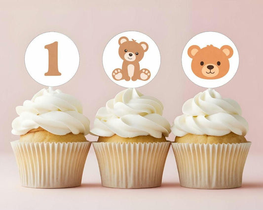 Cupcakes with 3 toppers, 2 bears and number 1