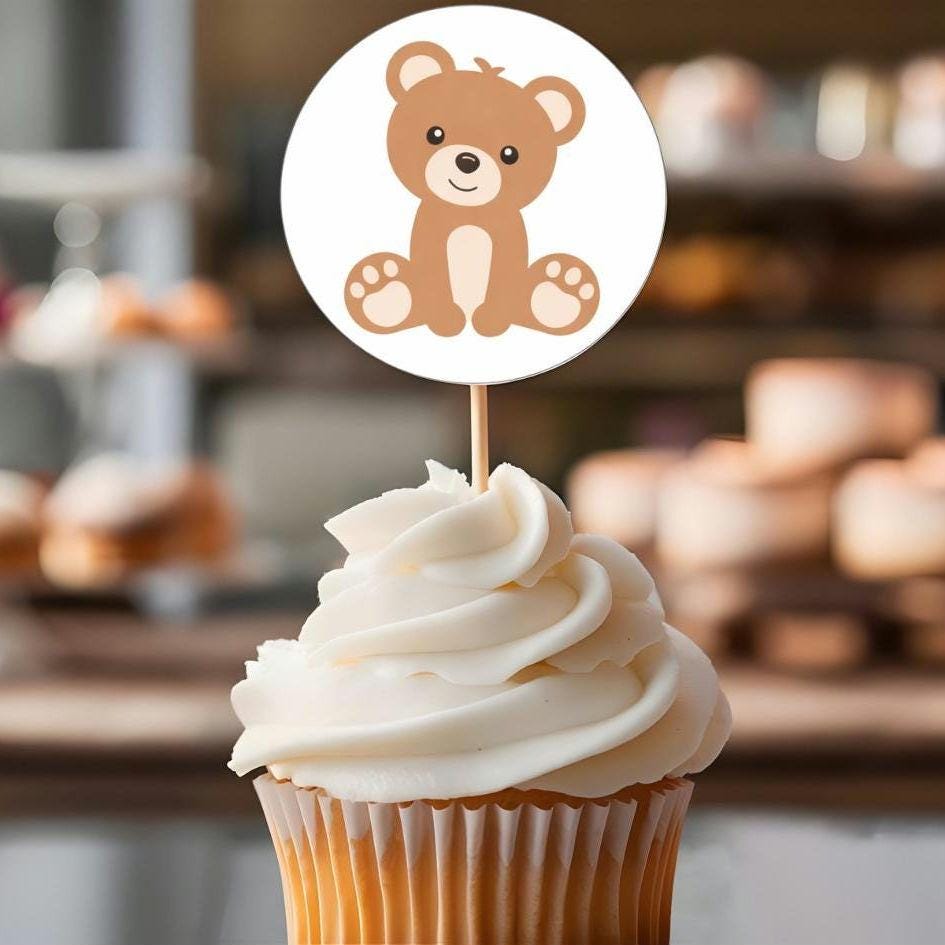teddy bear cupcake topper on top of cupcake