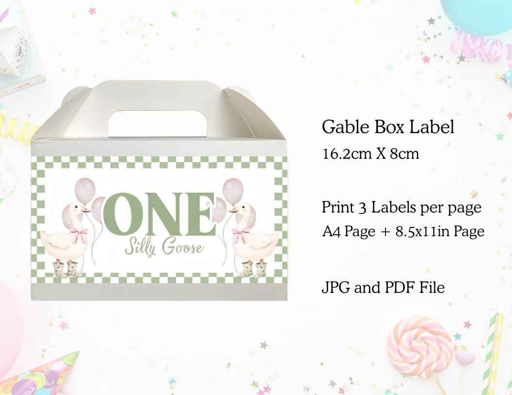 One Silly Goose Gable Box Label - Digital Download - Kids Party Favours - Pink & Green