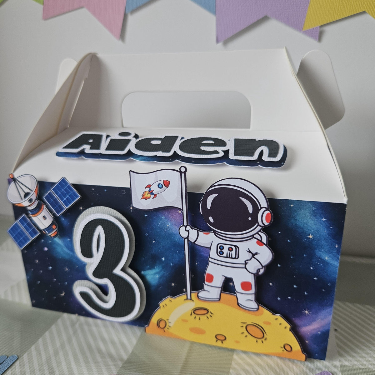 Personalised Space Birthday Favour Box | Astronaut Party Gable Box | Outer Space Galaxy Party Decorations | Kids Birthday Treat Box