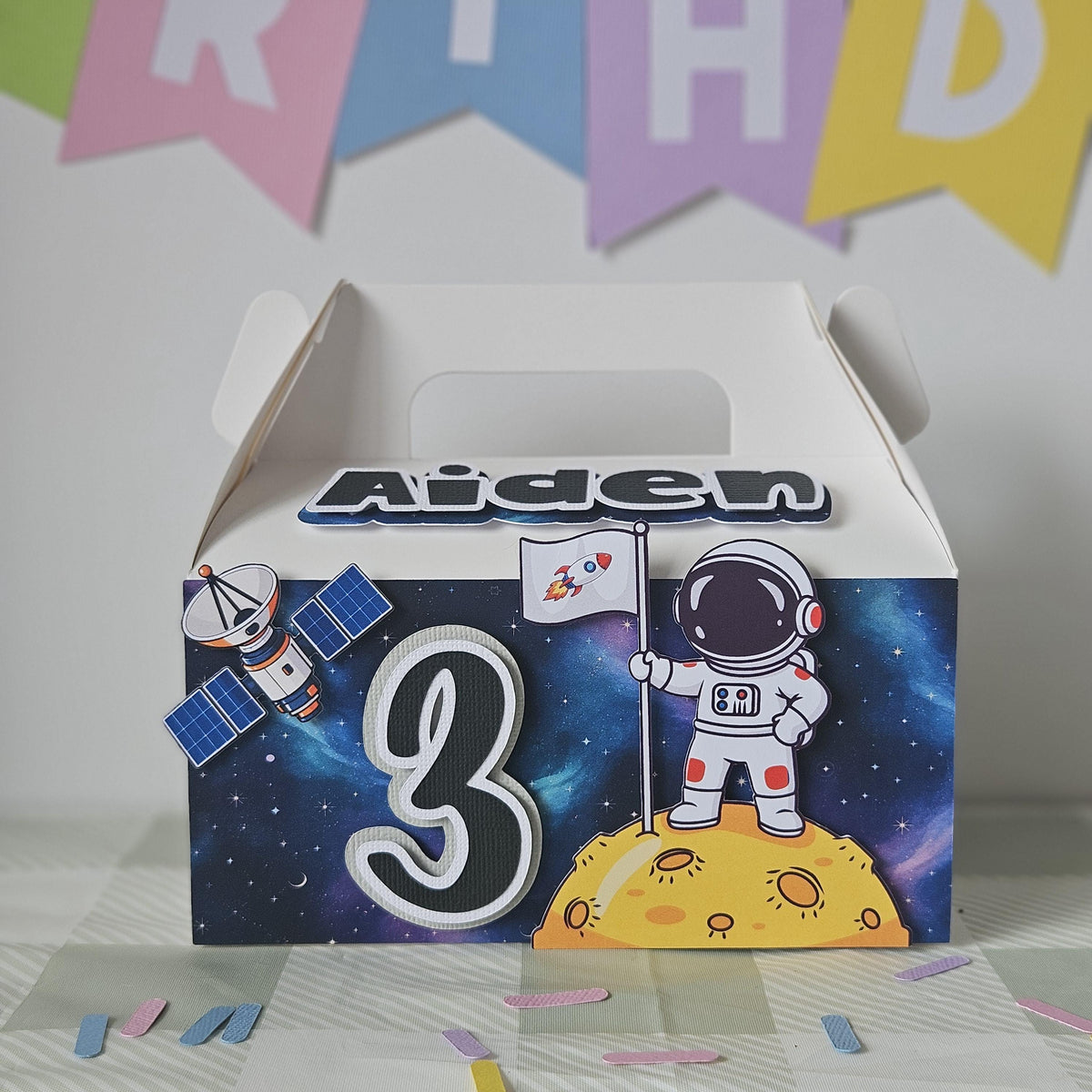 Personalised Space Birthday Favour Box | Astronaut Party Gable Box | Outer Space Galaxy Party Decorations | Kids Birthday Treat Box