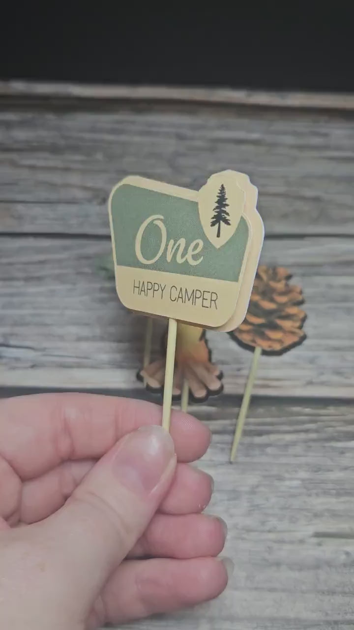 One Happy Camper Cupcake Toppers | Camping Birthday Party Decor | First Birthday Cupcake Picks | Woodland Baby Shower Decorations