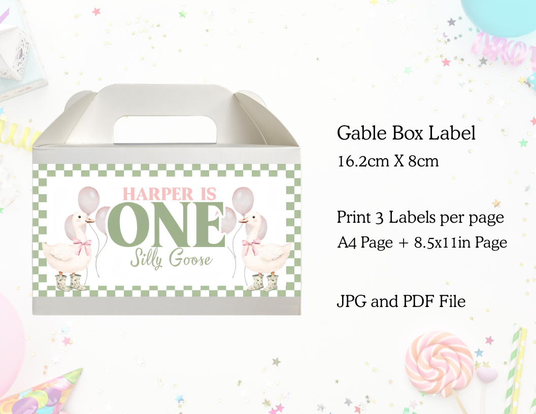 Custom One Silly Goose Printable Gable Box Label | Party Printables | Personalised Digital File